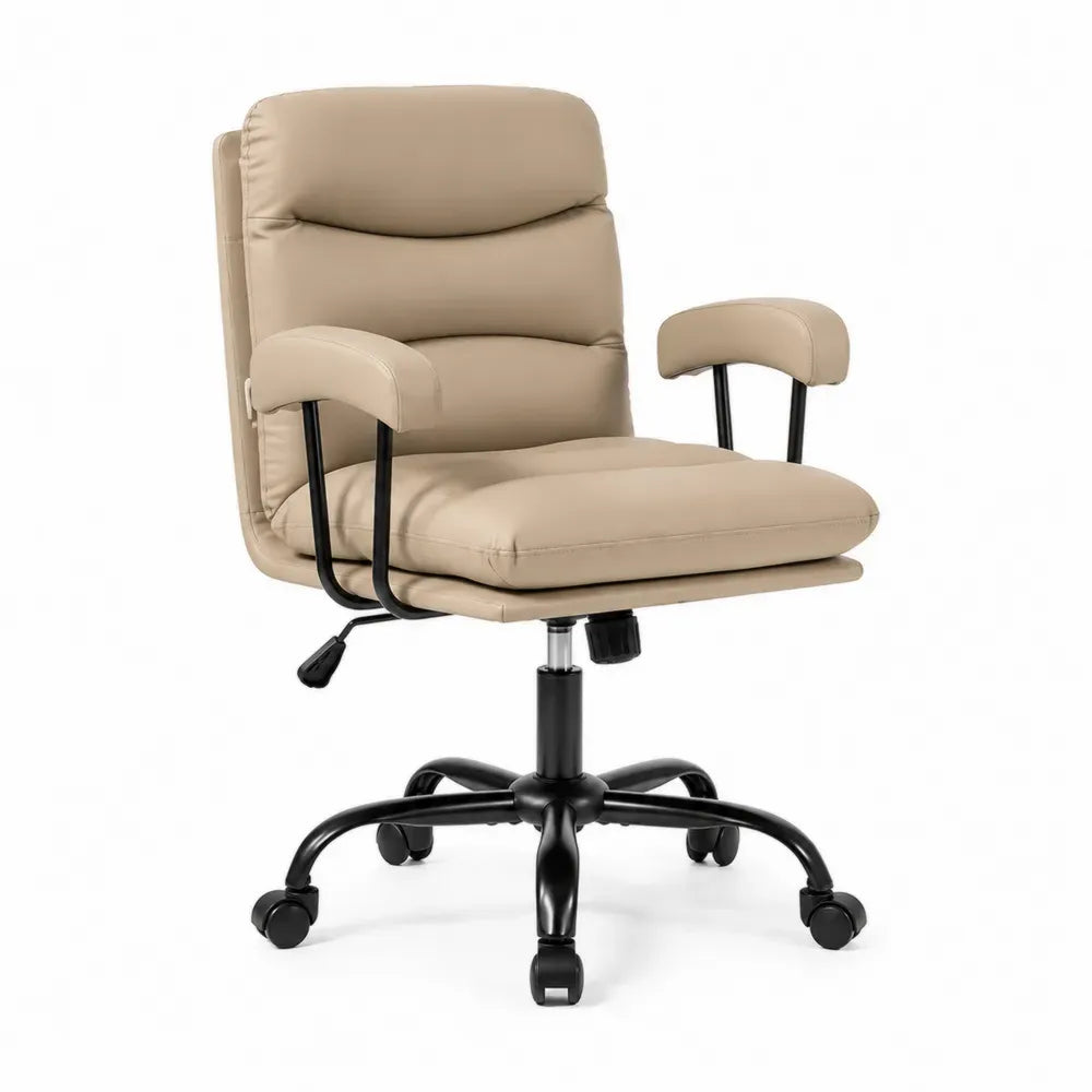 Bürostuhl Drehstuhl mit Rollen und Armlehnen 58 x 60 x 92 bis 102 cm PU Kunstleder Stahl rechteckig Beige Schwarz