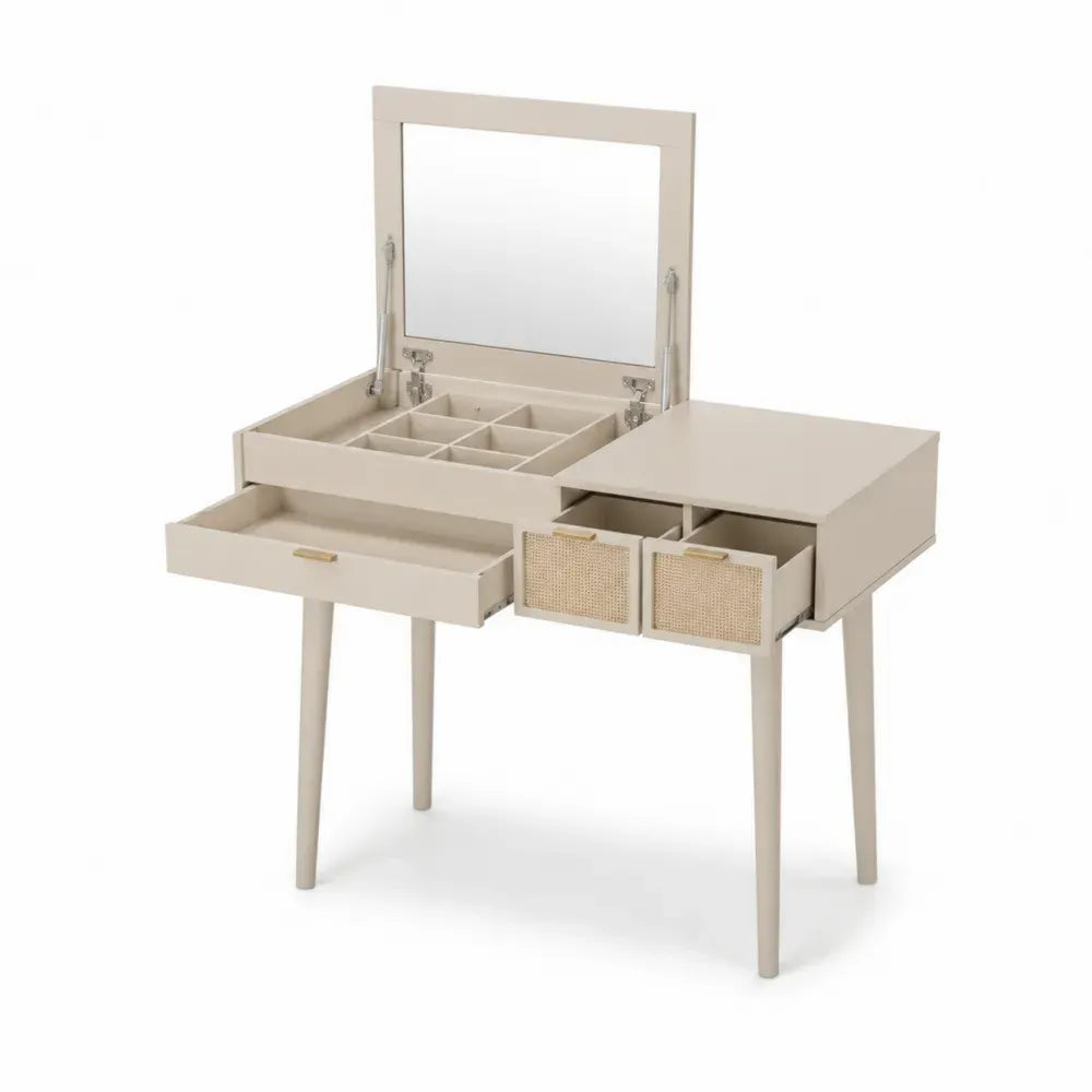 Schminktisch mit Klappspiegel und 3 Schubladen 100 x 50 x 125 cm MDF Spiegelglas PE Rattan rechteckig Beige Natur Gold Silber