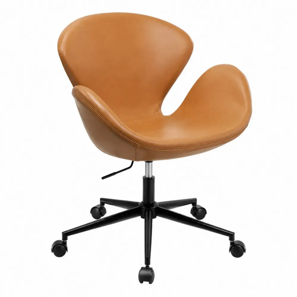 Höhenverstellbarer Bürostuhl Drehstuhl mit Rollen 61 x 60 x 82 bis 94 cm PU Kunstleder Stahl rundlich Cognacbraun Schwarz