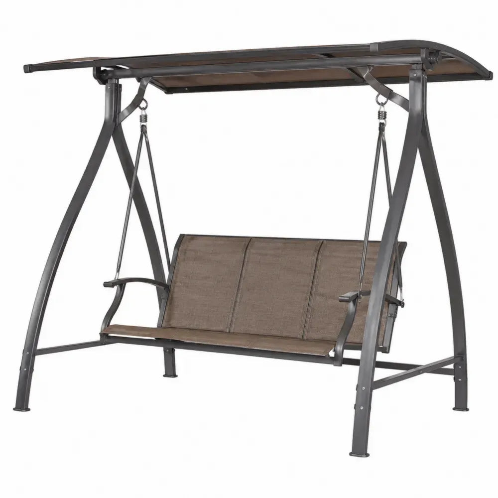 Hollywoodschaukel 3 Sitzer mit Dach 200 x 120 x 170 cm pulverbeschichteter Stahl Textilene Polycarbonat Braun Schwarzgrau