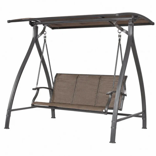 Hollywoodschaukel 3 Sitzer mit Dach 200 x 120 x 170 cm pulverbeschichteter Stahl Textilene Polycarbonat Braun Schwarzgrau