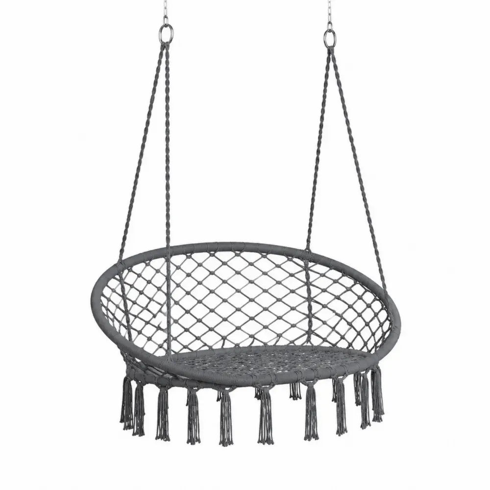 Hängesessel Schaukelstuhl ohne Gestell oval mit Polyesterseil Geflecht Stahlrahmen Grau Silberfarben 120 x 65 x 150 cm
