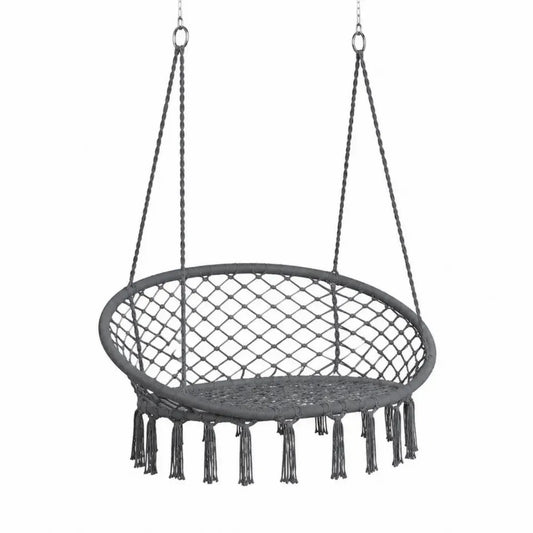Hängesessel Schaukelstuhl ohne Gestell oval mit Polyesterseil Geflecht Stahlrahmen Grau Silberfarben 120 x 65 x 150 cm