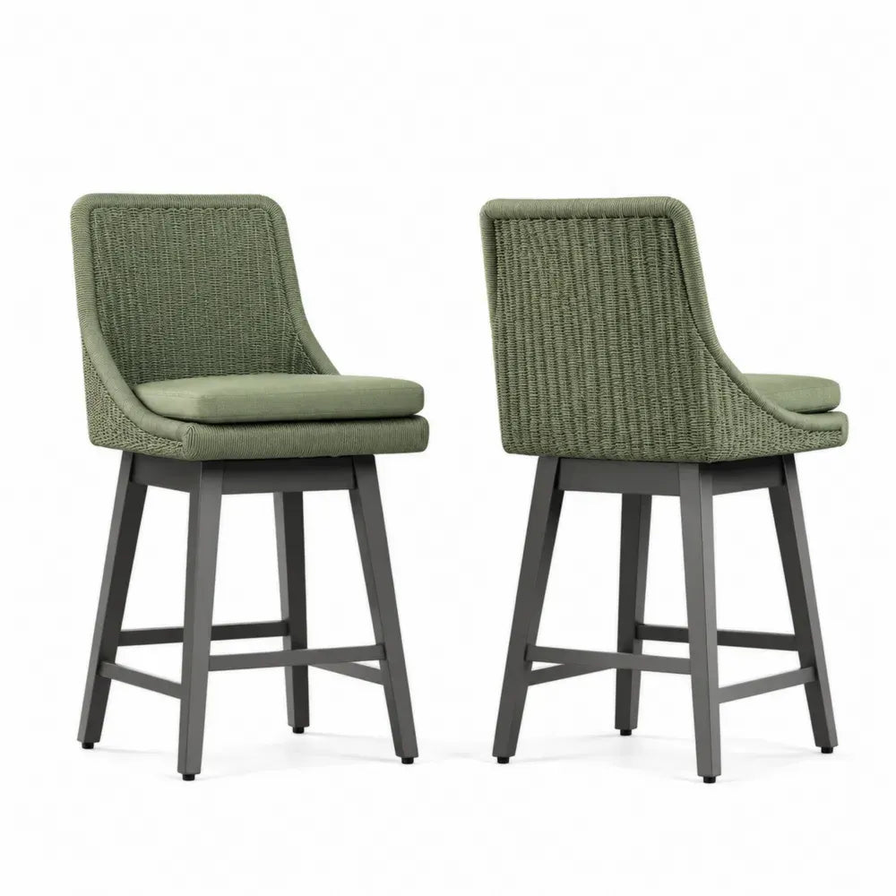 Barhocker 2er Set mit Rückenlehne und Sitzkissen 48 x 55 x 98 cm PE Rattan Aluminium rechteckig salbeigrün anthrazit