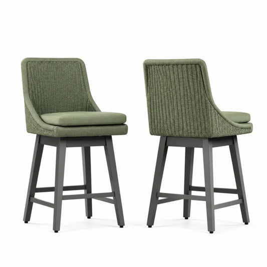 Barhocker 2er Set mit Rückenlehne und Sitzkissen 48 x 55 x 98 cm PE Rattan Aluminium rechteckig salbeigrün anthrazit